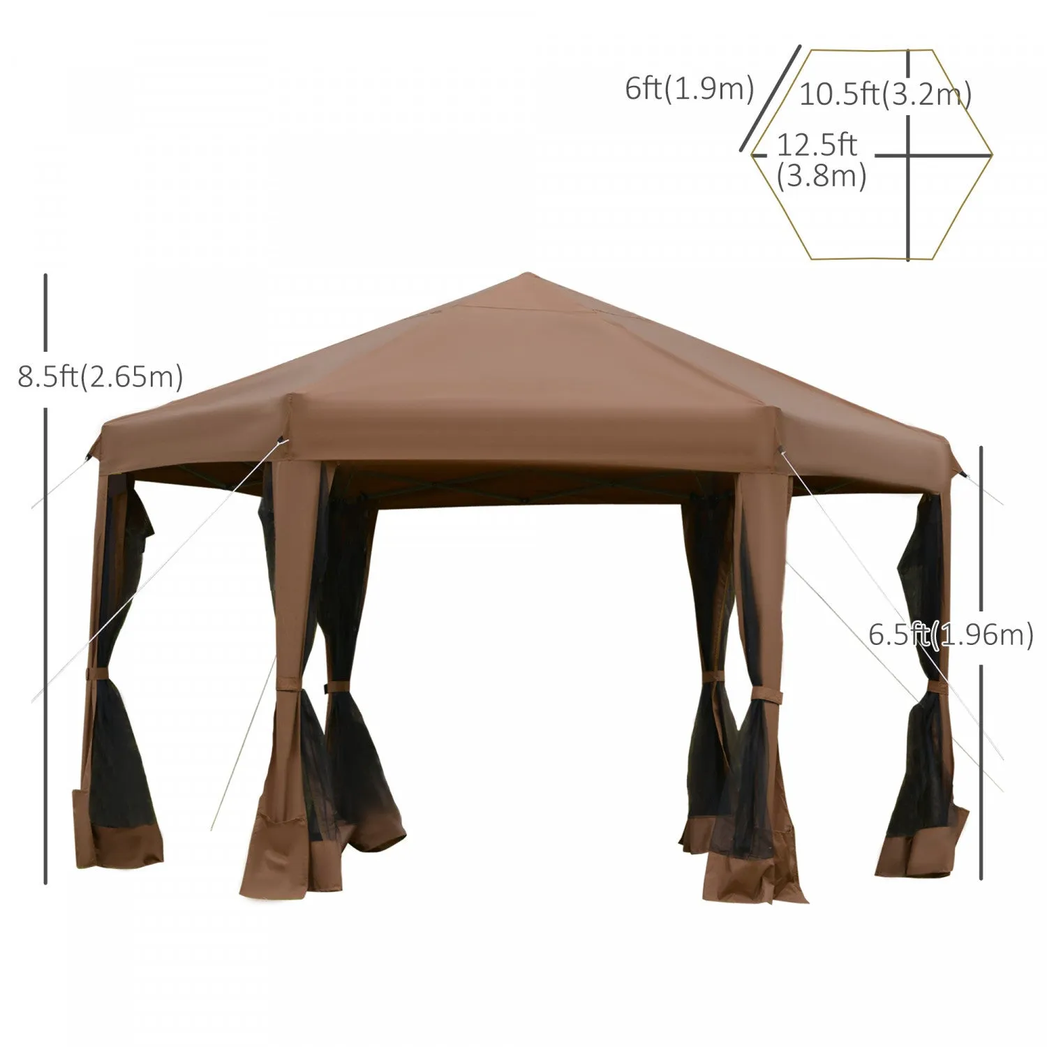 Outsunny 12.5' Pop Up Gazebo Hexagonal Canopy Tent Outdoor Shelter Pavilion Sun Protection With Mesh|Outsunny 13' X 11' Heavy Duty Pop Up Canopy Avec Forme Hexagonale, Filet Lateral A 6 Mailles, Hauteu