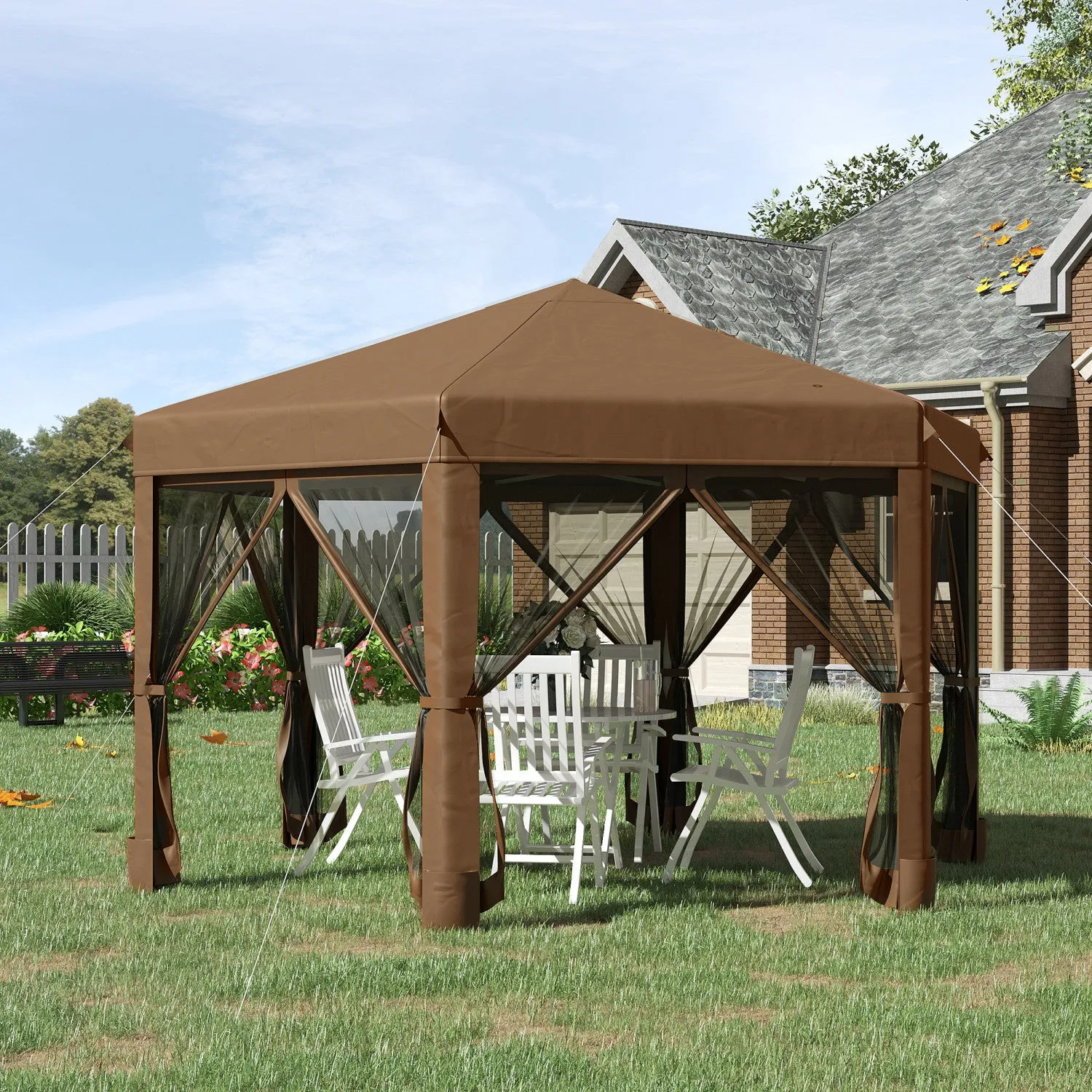 Outsunny 12.5' Pop Up Gazebo Hexagonal Canopy Tent Outdoor Shelter Pavilion Sun Protection With Mesh|Outsunny 13' X 11' Heavy Duty Pop Up Canopy Avec Forme Hexagonale, Filet Lateral A 6 Mailles, Hauteu