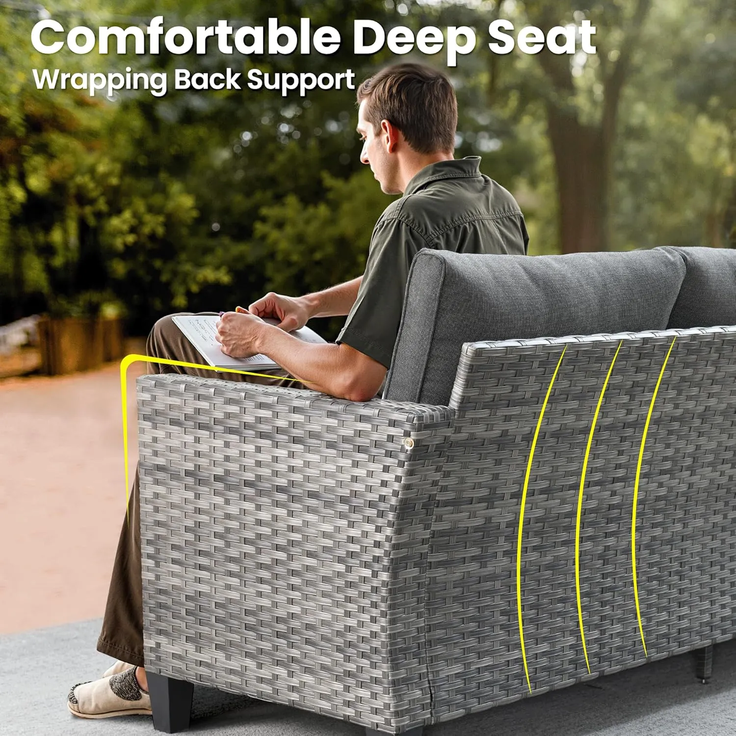 ovios 9 Pieces Patio Furniture Set, Outdoor Wicker Sofa Couch with Rocking Swivel Chairs Fire Pit Table, Modern Deep Seat Rattan Conversation Sets for Porch Deck, Black