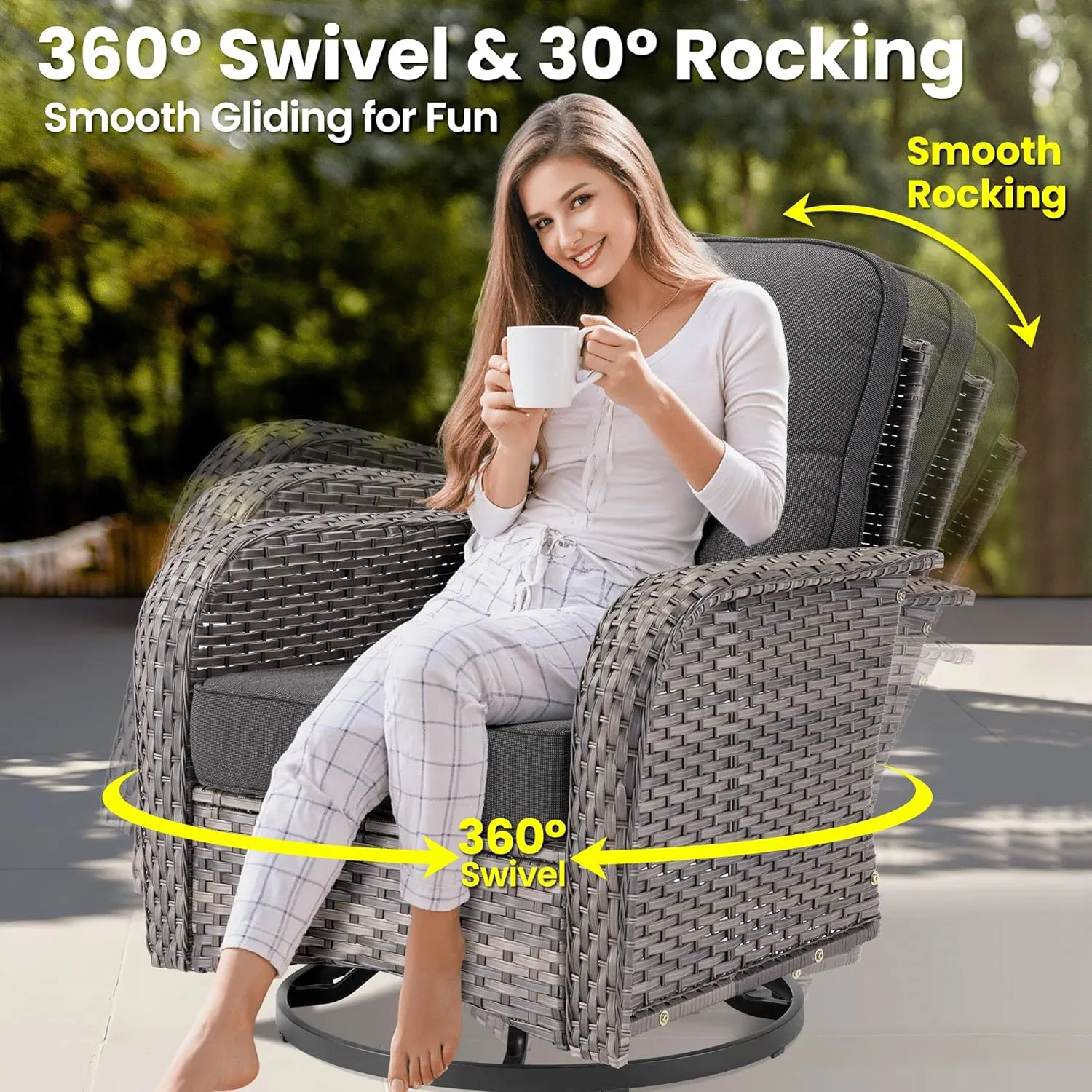ovios 9 Pieces Patio Furniture Set, Outdoor Wicker Sofa Couch with Rocking Swivel Chairs Fire Pit Table, Modern Deep Seat Rattan Conversation Sets for Porch Deck, Black