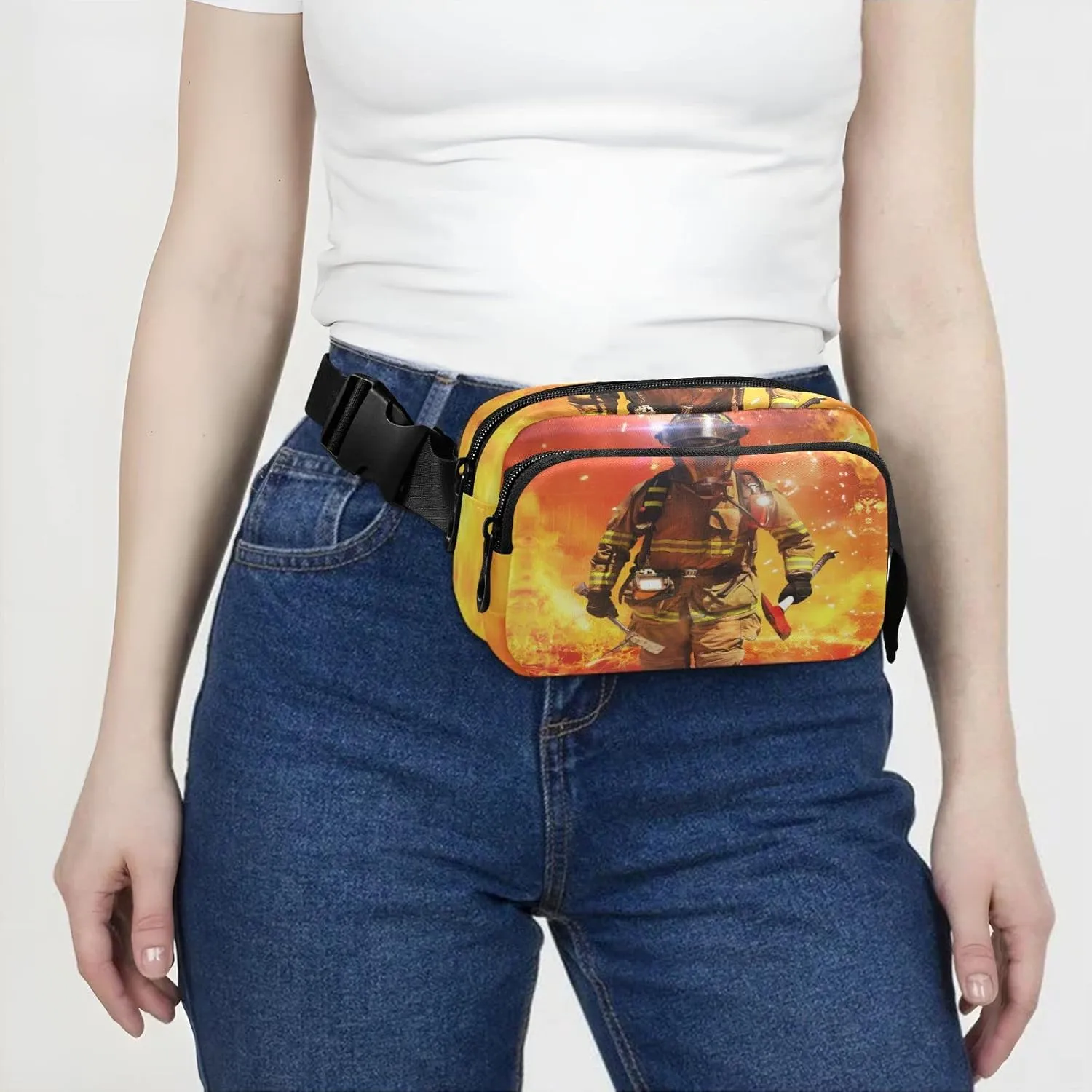 Oyihfvs Firefighter Survivors with Tools Fire Background Adjustable Fanny Waist Pack Pouch, Waterproof Runners Sports Waist Pack Wallet for Sports Hiking Fitness Cycling Gym Women Men