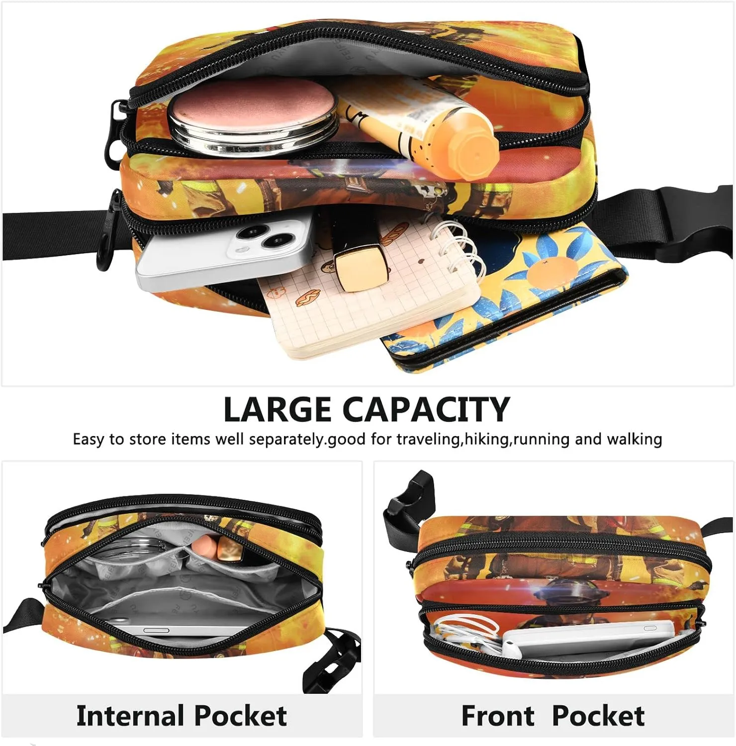 Oyihfvs Firefighter Survivors with Tools Fire Background Adjustable Fanny Waist Pack Pouch, Waterproof Runners Sports Waist Pack Wallet for Sports Hiking Fitness Cycling Gym Women Men