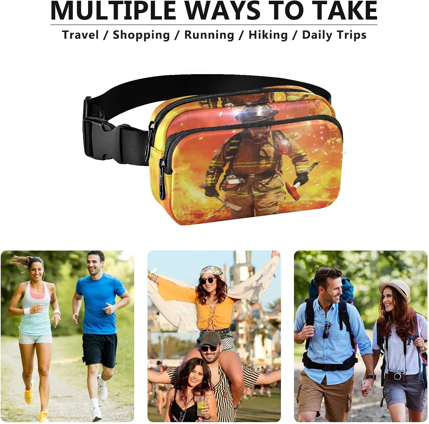 Oyihfvs Firefighter Survivors with Tools Fire Background Adjustable Fanny Waist Pack Pouch, Waterproof Runners Sports Waist Pack Wallet for Sports Hiking Fitness Cycling Gym Women Men