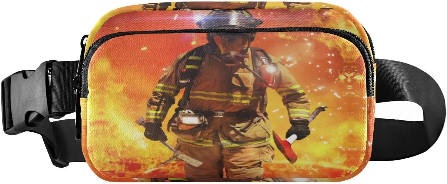 Oyihfvs Firefighter Survivors with Tools Fire Background Adjustable Fanny Waist Pack Pouch, Waterproof Runners Sports Waist Pack Wallet for Sports Hiking Fitness Cycling Gym Women Men