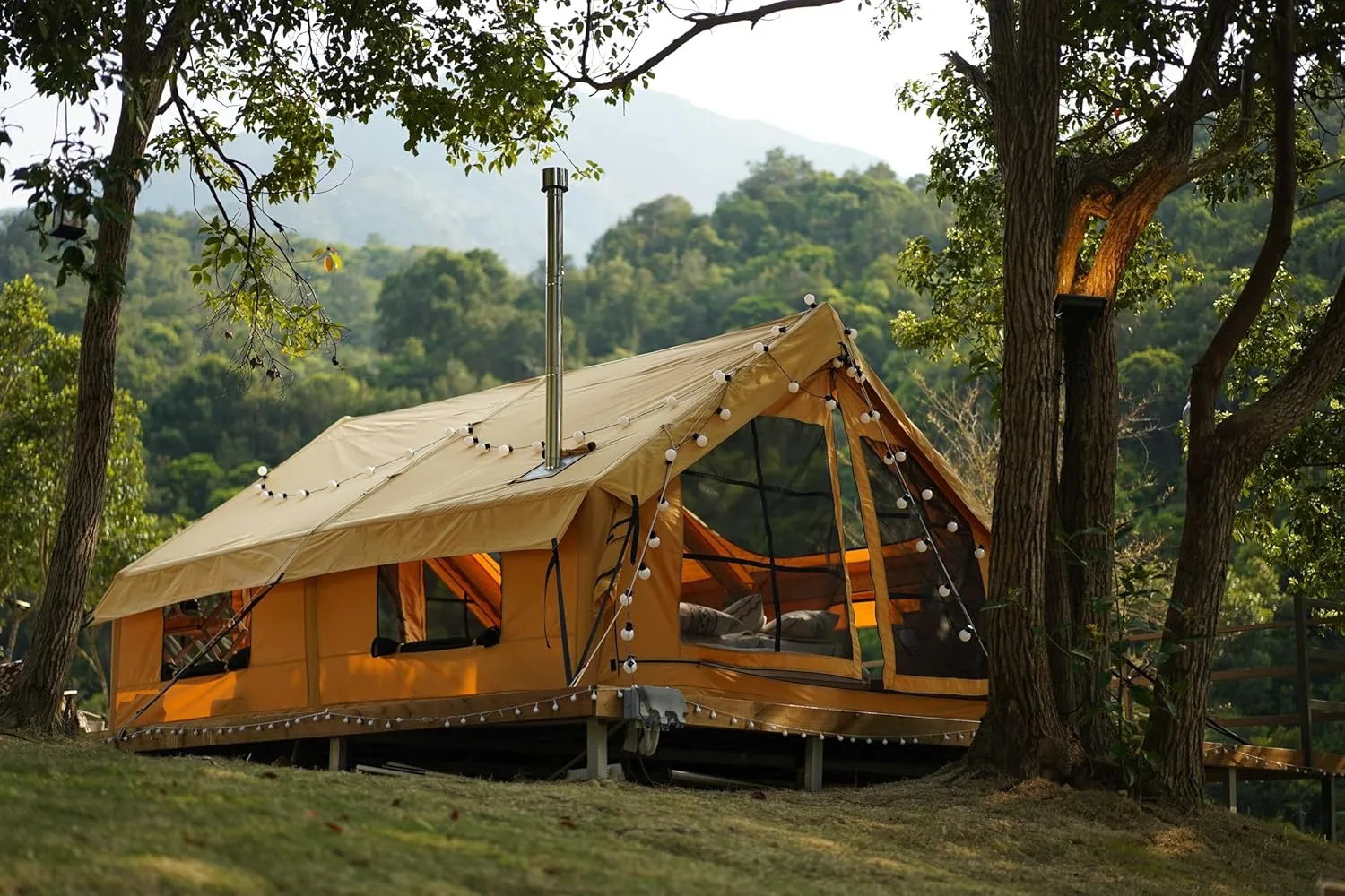 Panda Inflatable Tents for Camping with Stove Jack, Canvas Blow Up, Easy Setup Inflatable Tent, Waterproof Hot Inflatable Outdoor House, Casa de Campaña with Hand Pump