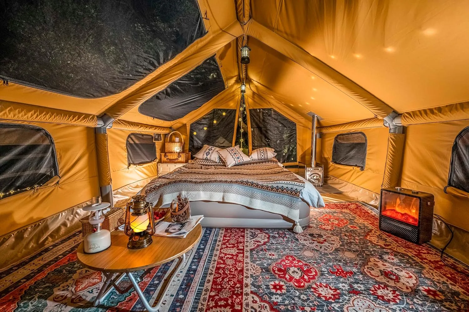 Panda Inflatable Tents for Camping with Stove Jack, Canvas Blow Up, Easy Setup Inflatable Tent, Waterproof Hot Inflatable Outdoor House, Casa de Campaña with Hand Pump