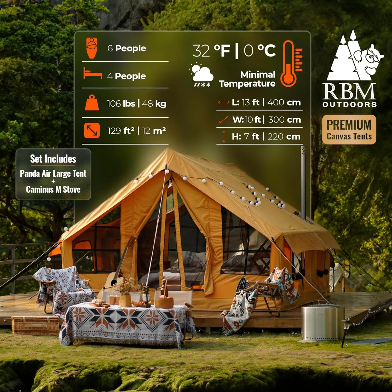 Panda Inflatable Tents for Camping with Stove Jack, Canvas Blow Up, Easy Setup Inflatable Tent, Waterproof Hot Inflatable Outdoor House, Casa de Campaña with Hand Pump
