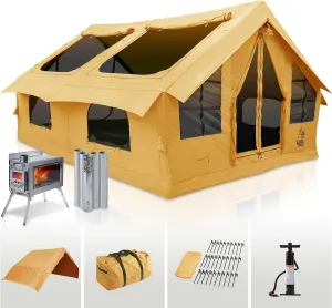Panda Inflatable Tents for Camping with Stove Jack, Canvas Blow Up, Easy Setup Inflatable Tent, Waterproof Hot Inflatable Outdoor House, Casa de Campaña with Hand Pump