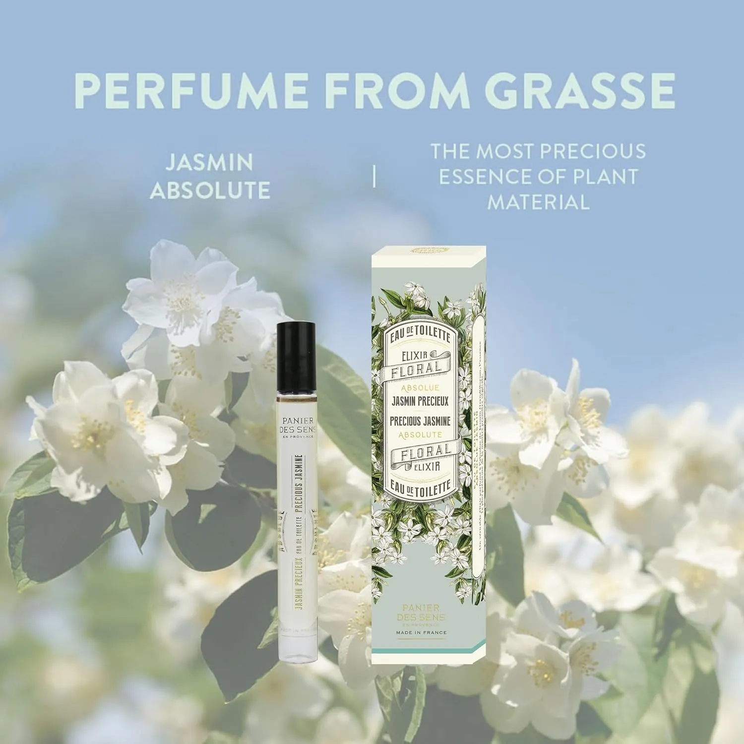 Panier des Sens - Jasmine Roll-on Eau de Toilette 0.3 Floz – Floral & Intense Fragrance - Mini Perfume for Women - Parfum Crafted in Grasse, France - Daily Use - Light Travel Perfume
