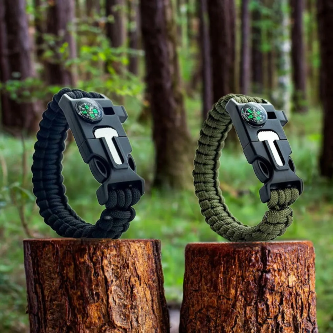 Paracord Rope Bracelet w/Fire Starter, Survival Whistle & Compass - Black & Green - Survival Gear for Camping - Hiking - Hunting - Fishing & Emergencies