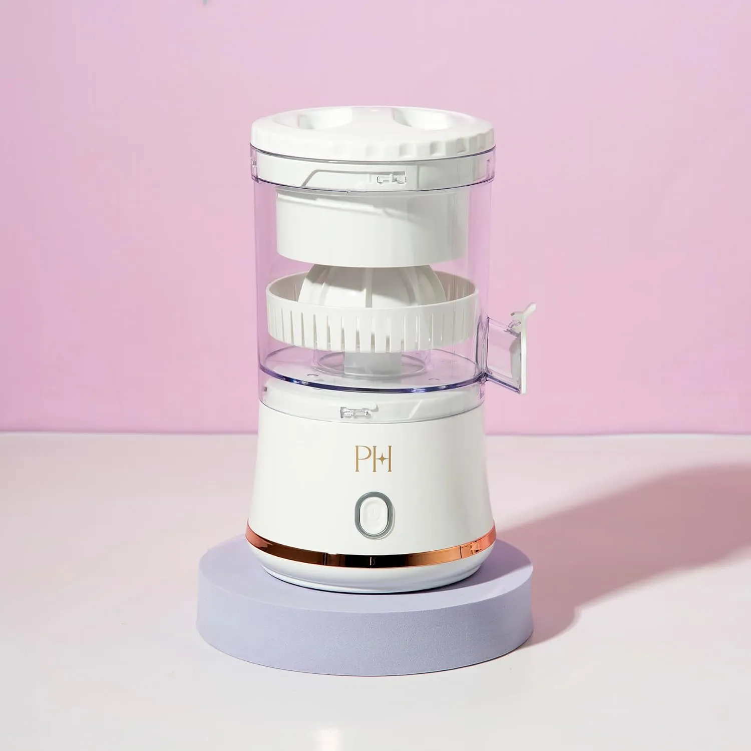 Paris Hilton Electric Citrus Juicer, Mini Portable Cordless Juicer with USB Rechargeable Base, One-Touch Button, Compact Lemon, Lime and Orange Juicer, White
