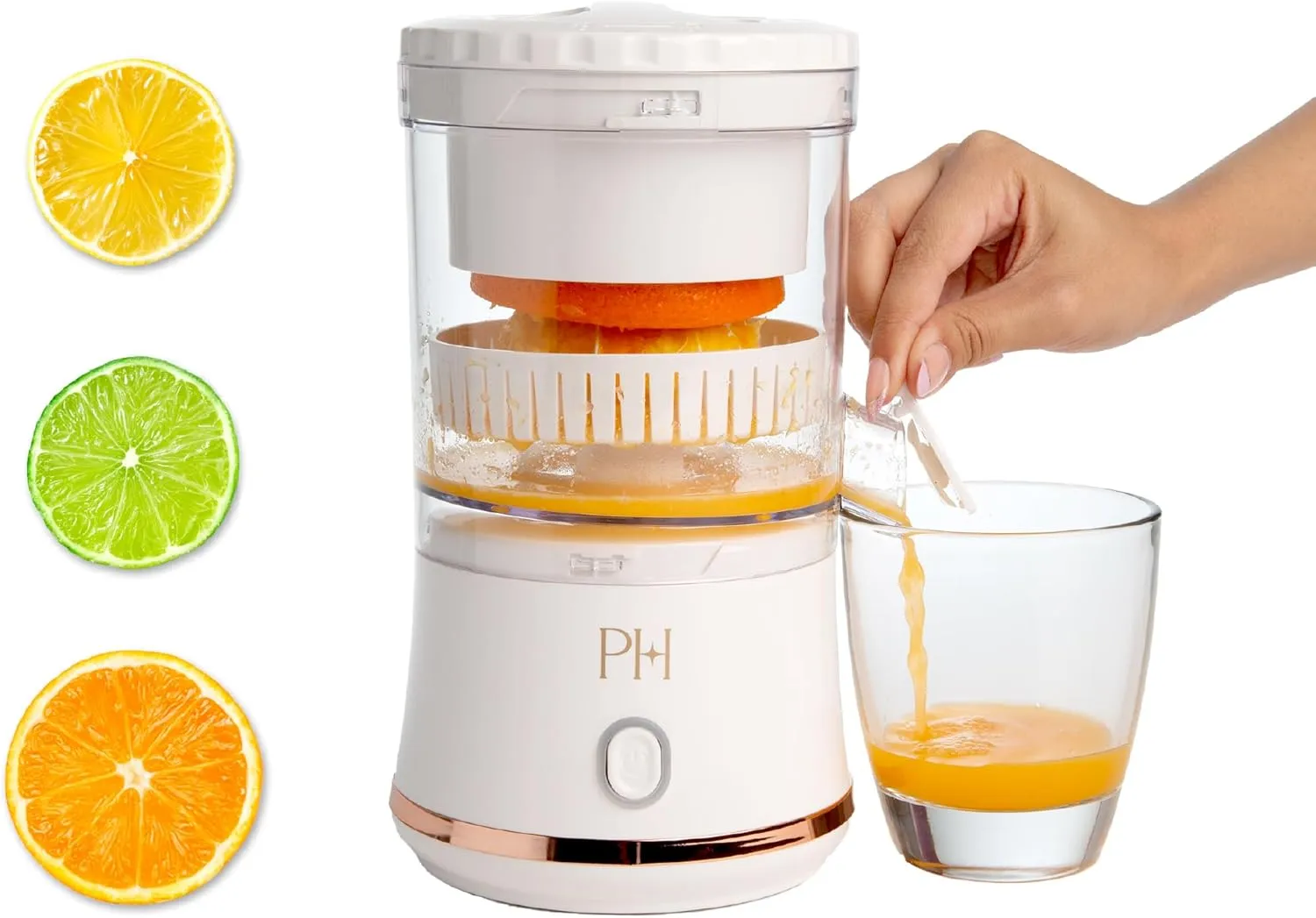 Paris Hilton Electric Citrus Juicer, Mini Portable Cordless Juicer with USB Rechargeable Base, One-Touch Button, Compact Lemon, Lime and Orange Juicer, White