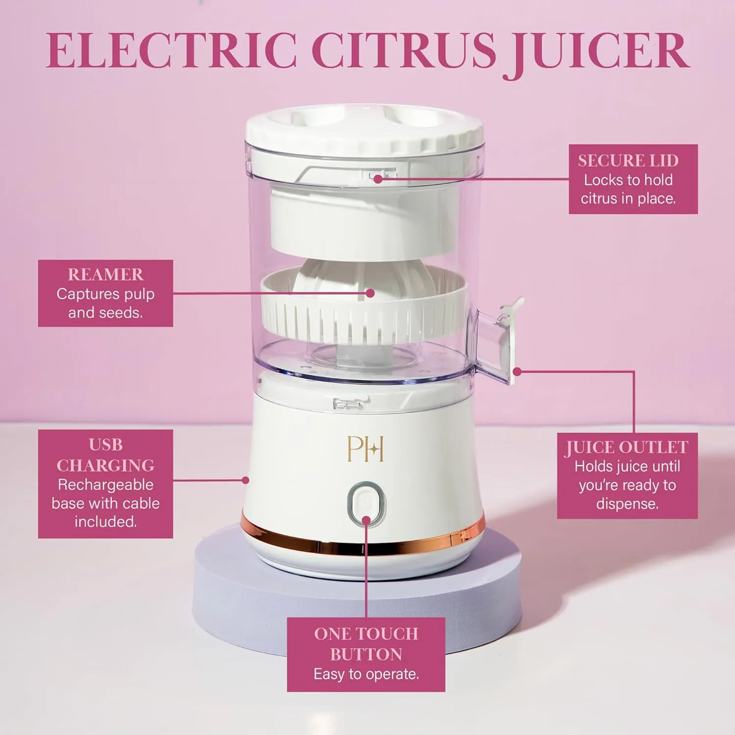 Paris Hilton Electric Citrus Juicer, Mini Portable Cordless Juicer with USB Rechargeable Base, One-Touch Button, Compact Lemon, Lime and Orange Juicer, White