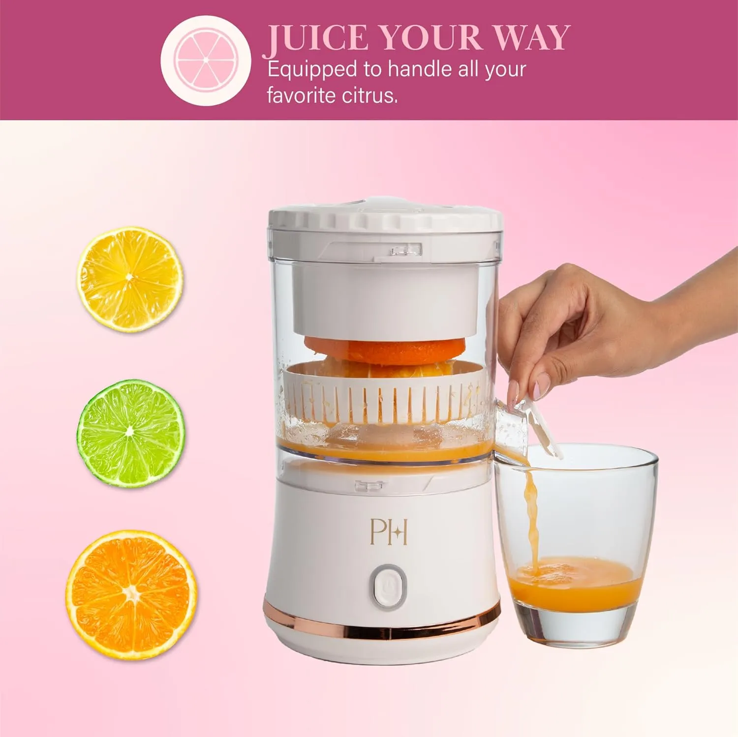 Paris Hilton Electric Citrus Juicer, Mini Portable Cordless Juicer with USB Rechargeable Base, One-Touch Button, Compact Lemon, Lime and Orange Juicer, White