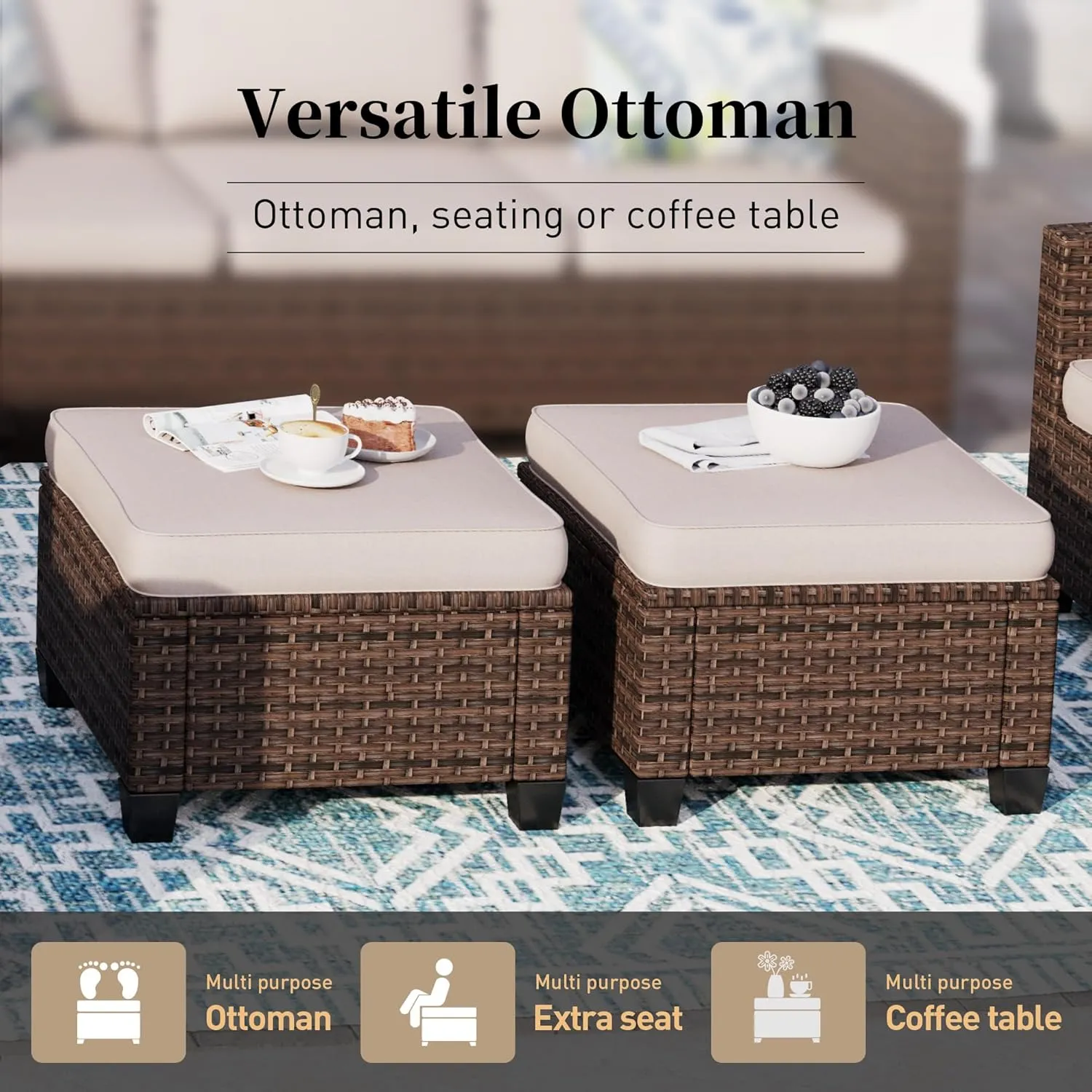 Patio Furniture Set Outdoor Furniture Brown Wicker Rattan Patio Conversation Sets with Cushion Outside Sofa Set,6 Pieces with Rectangular Firepit Table,7 Seats,Beige