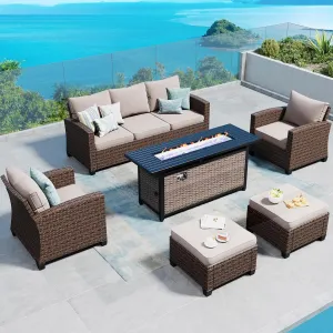 Patio Furniture Set Outdoor Furniture Brown Wicker Rattan Patio Conversation Sets with Cushion Outside Sofa Set,6 Pieces with Rectangular Firepit Table,7 Seats,Beige