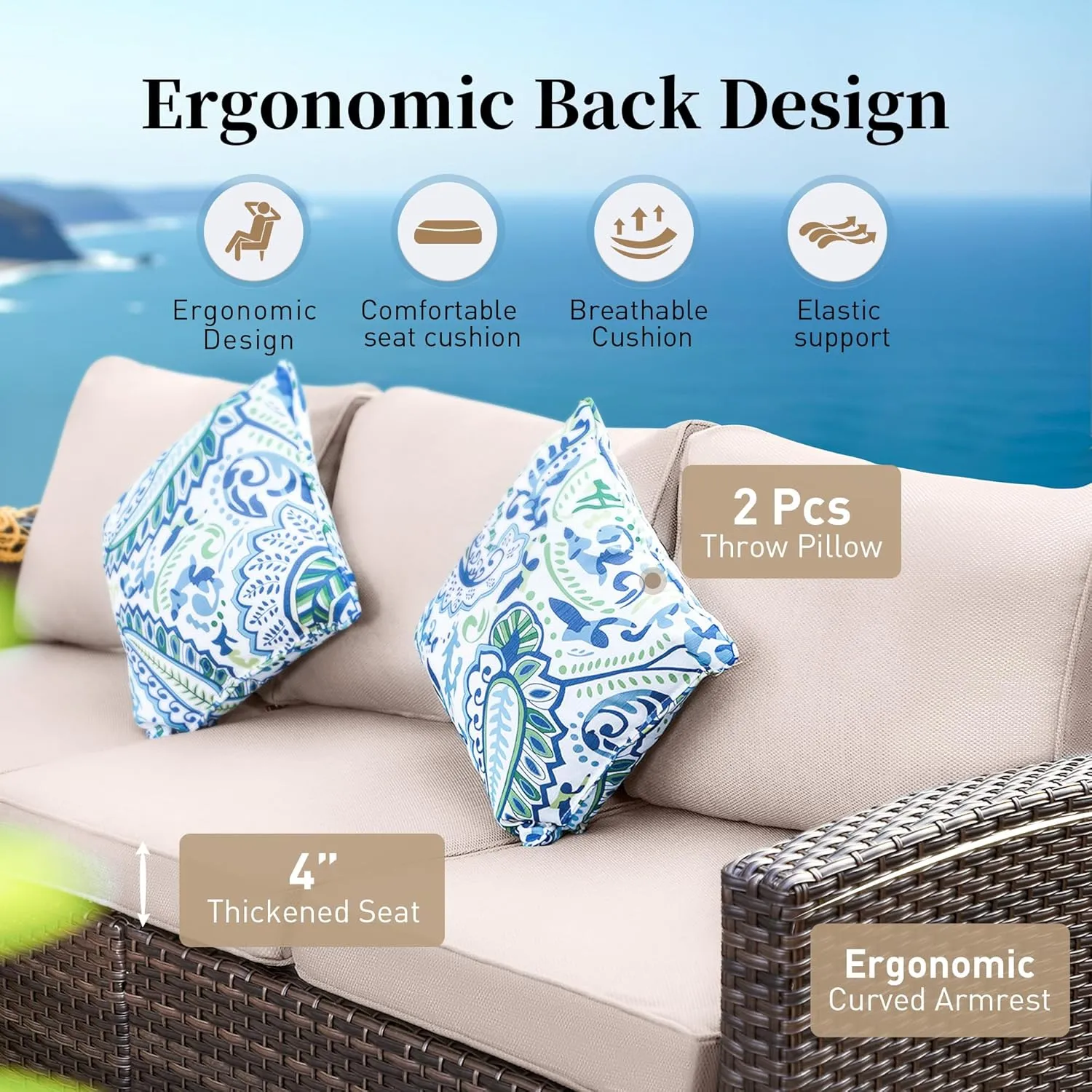 Patio Furniture Set Outdoor Furniture Brown Wicker Rattan Patio Conversation Sets with Cushion Outside Sofa Set,6 Pieces with Rectangular Firepit Table,7 Seats,Beige