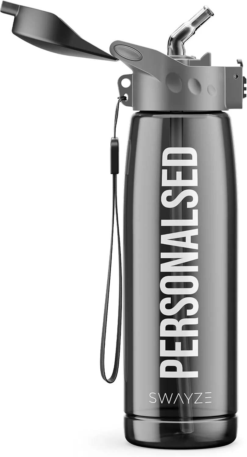 Personalised Water Bottle With Straw 660ml, School Water Bottles Boys Girls, Gym Bottle BPA Free Cycling Sports Add Your Custom Text To Bottle (Black - Personalized)