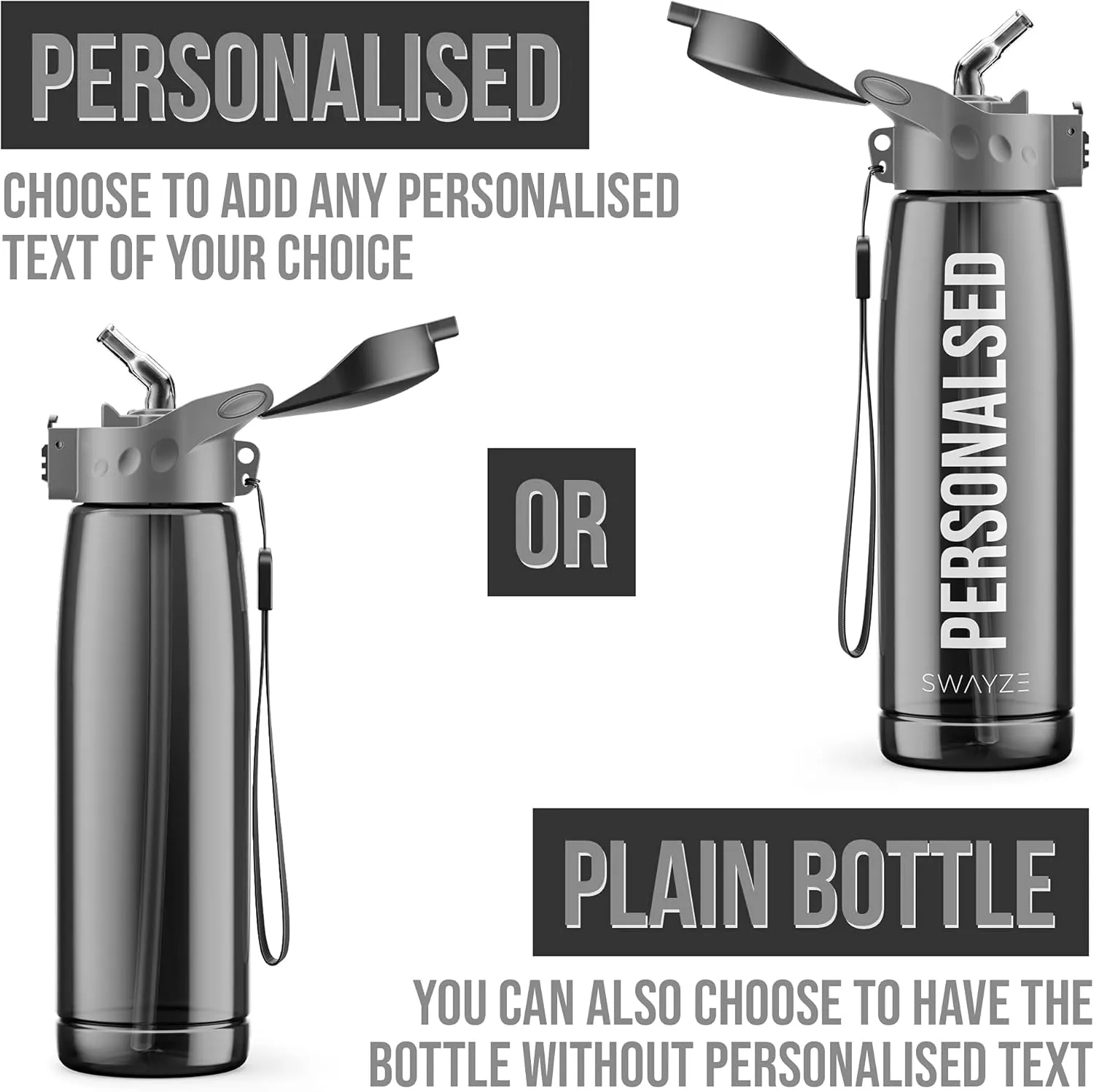 Personalised Water Bottle With Straw 660ml, School Water Bottles Boys Girls, Gym Bottle BPA Free Cycling Sports Add Your Custom Text To Bottle (Black - Personalized)