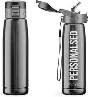 Personalised Water Bottle With Straw 660ml, School Water Bottles Boys Girls, Gym Bottle BPA Free Cycling Sports Add Your Custom Text To Bottle (Black - Personalized)