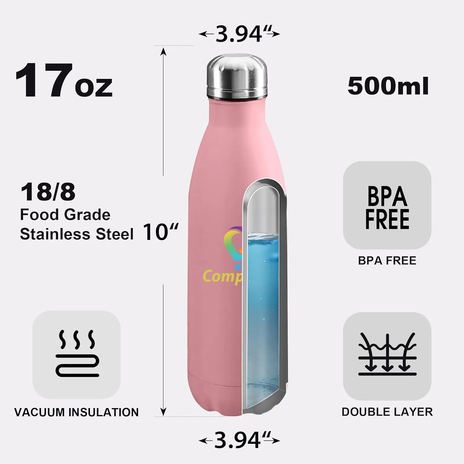Personalized Custom Water Bottle Print in USA 17oz Stainless Steel Double Wall Leakproof Cups With Colorful Text Logo for Sports Outdoors