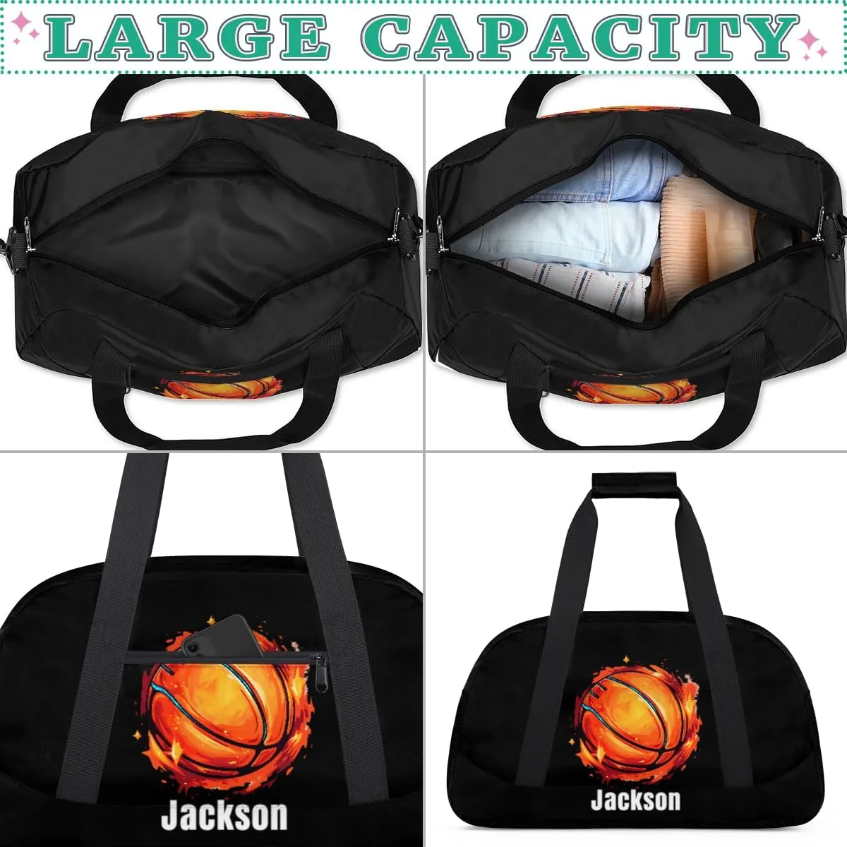 Personalized Kids Gym Bag Cool Fire Basketball Custom Name Sport Duffel Bag for Teens Boys Large Practice Workout Bags Travel Duffel Bag