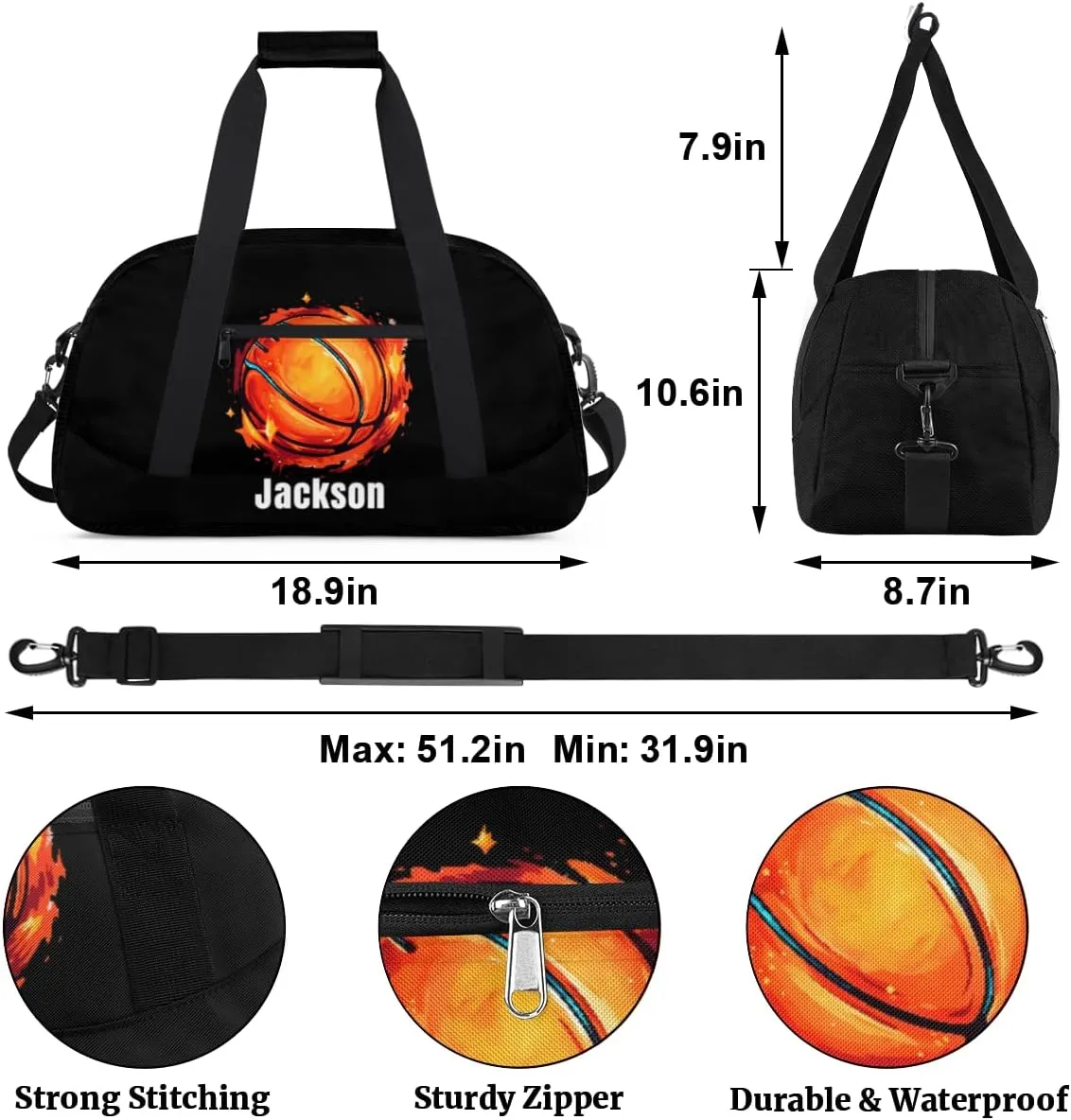 Personalized Kids Gym Bag Cool Fire Basketball Custom Name Sport Duffel Bag for Teens Boys Large Practice Workout Bags Travel Duffel Bag