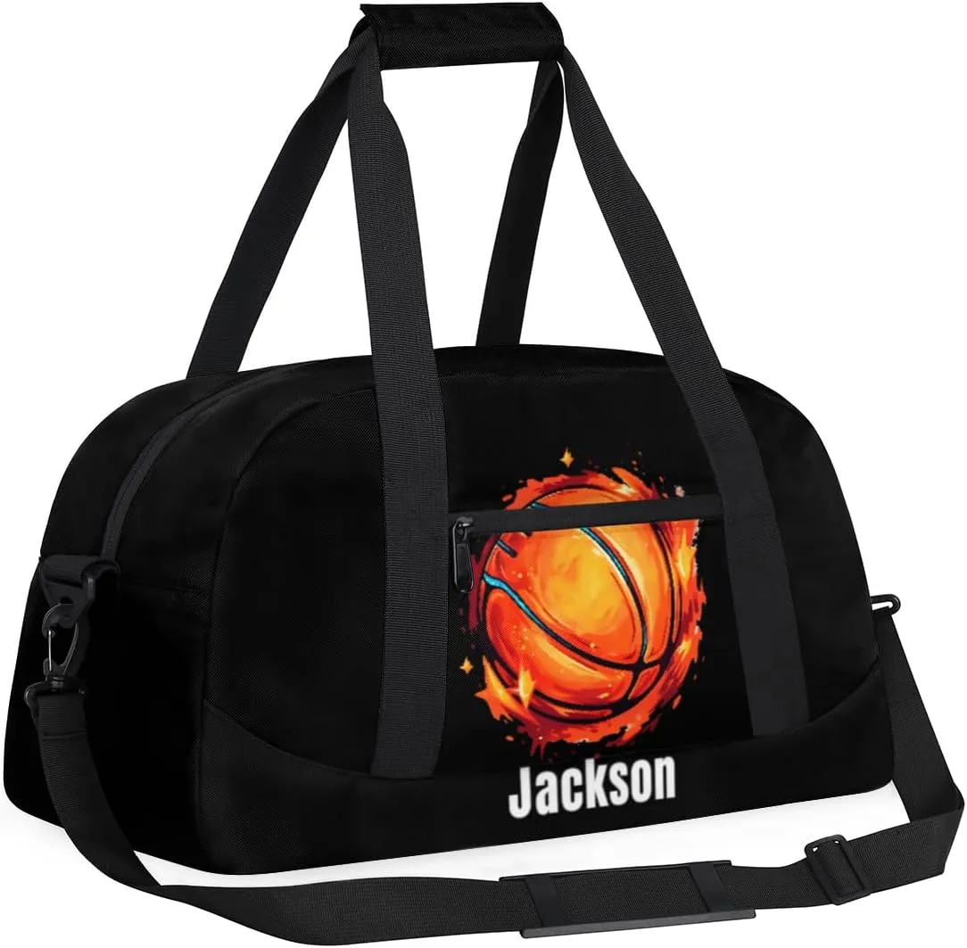 Personalized Kids Gym Bag Cool Fire Basketball Custom Name Sport Duffel Bag for Teens Boys Large Practice Workout Bags Travel Duffel Bag