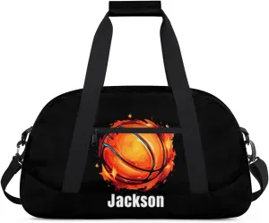 Personalized Kids Gym Bag Cool Fire Basketball Custom Name Sport Duffel Bag for Teens Boys Large Practice Workout Bags Travel Duffel Bag