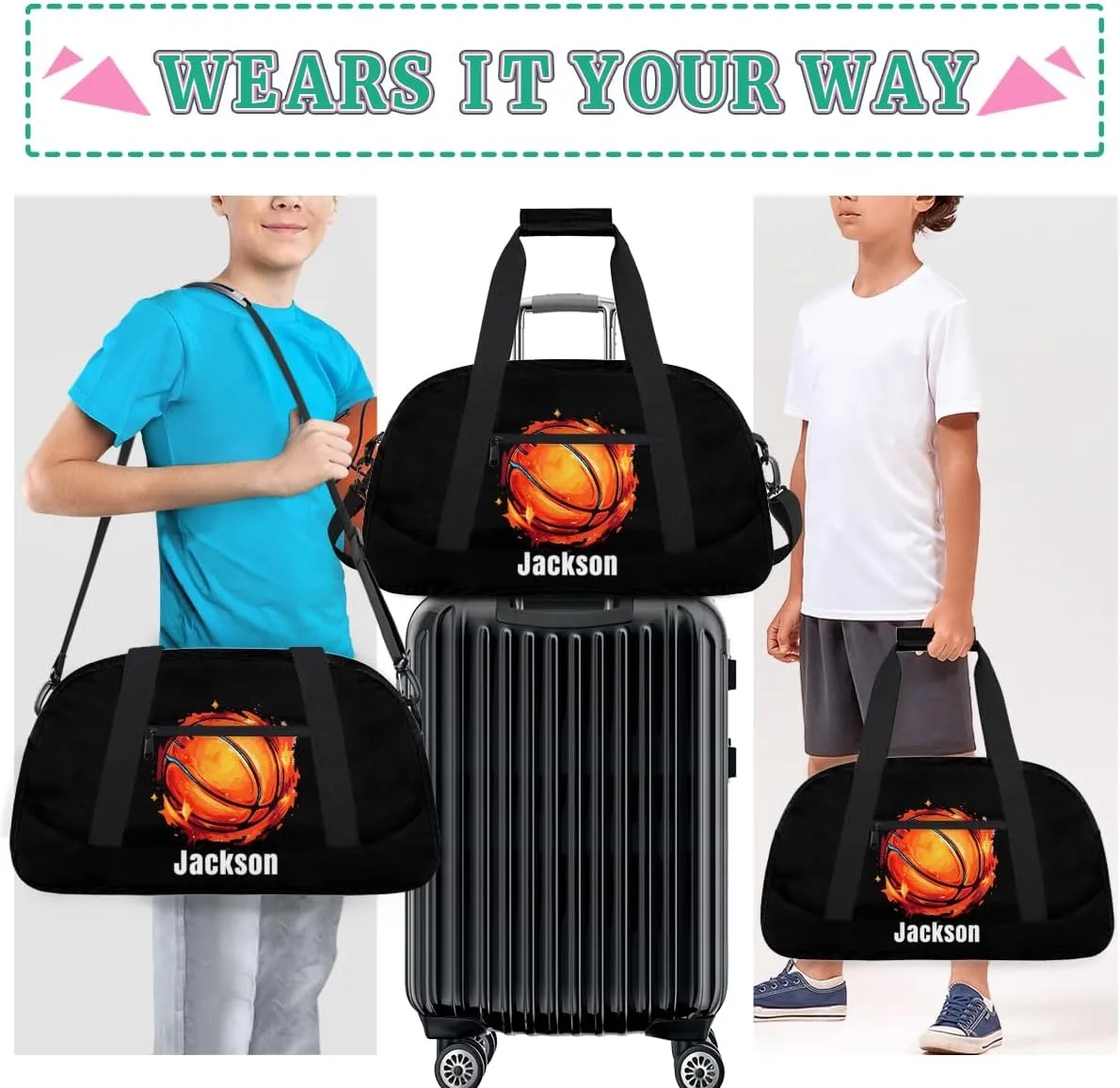 Personalized Kids Gym Bag Cool Fire Basketball Custom Name Sport Duffel Bag for Teens Boys Large Practice Workout Bags Travel Duffel Bag