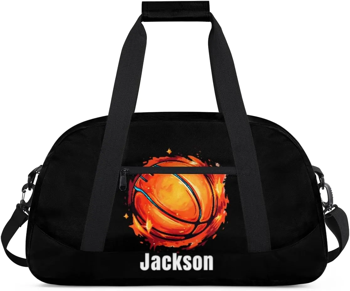 Personalized Kids Gym Bag Cool Fire Basketball Custom Name Sport Duffel Bag for Teens Boys Large Practice Workout Bags Travel Duffel Bag