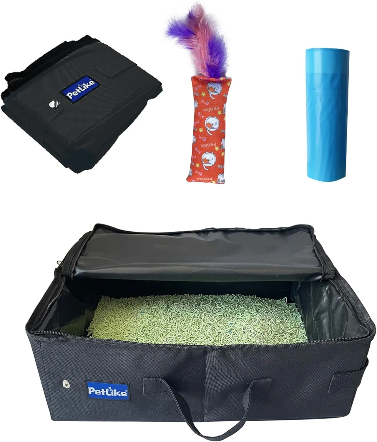 PetLike Travel Cat Litter Box, Leak-Proof Portable Litter Box, Collapsible Toilet Tray Carrier for Small Medium Cats (Black Litter Box Liners, Medium)