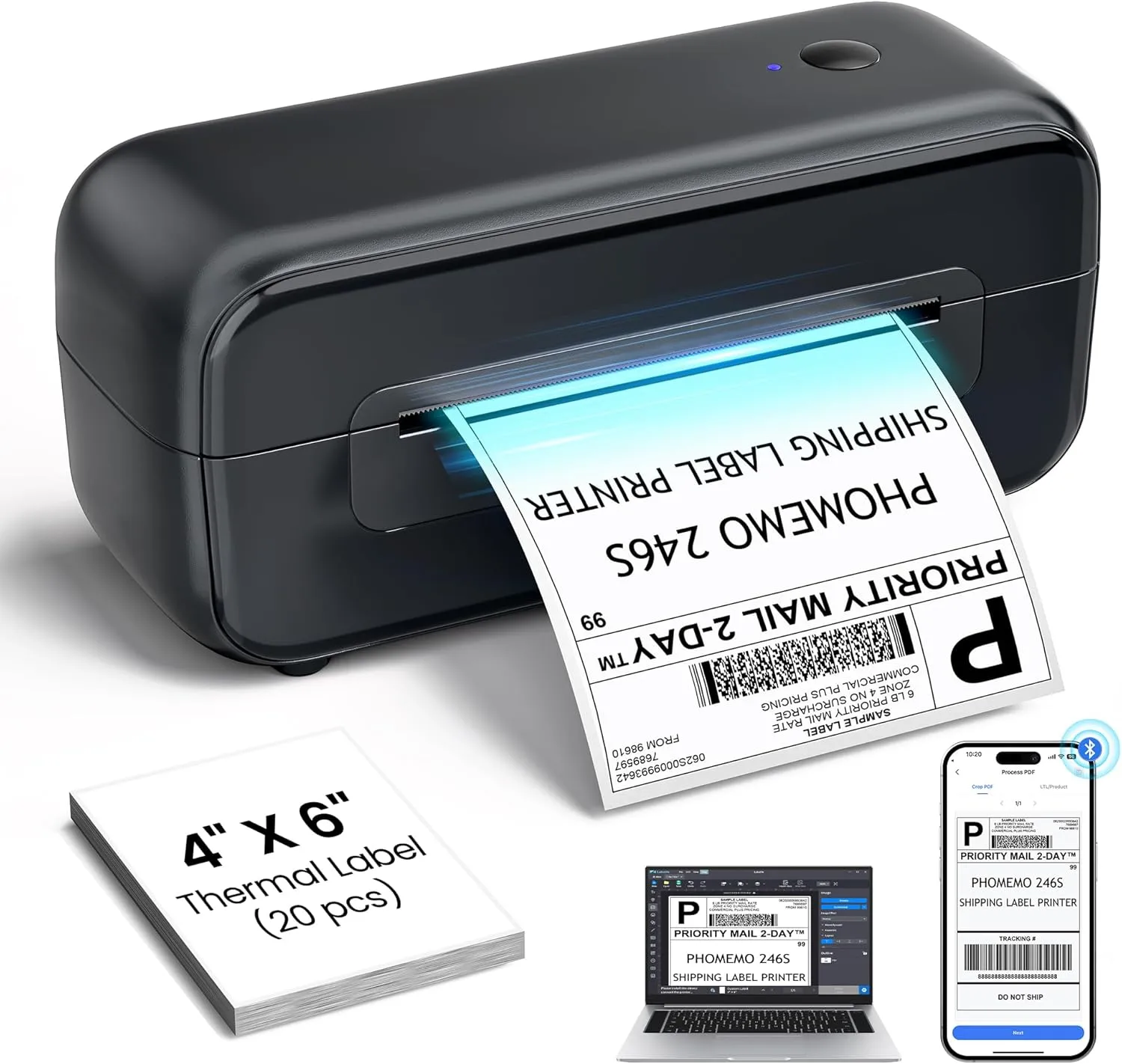 Phomemo Shipping Label Printer 4x6, Bluetooth Thermal Label Printer for Small Business/Shipping Packages/Office/Home, Widely for Amazon, Ebay, Shopify, Etsy, UPS, FedEx - Black