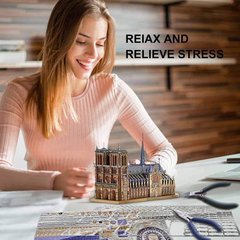 Piececool 3D Metal Puzzles for Adults and Teens, Notre Dame De Paris Church Metal Model Kit, Challenge French Cathedral Brain Teaser Architecture Building Blocks Puzzle, 382 Pcs