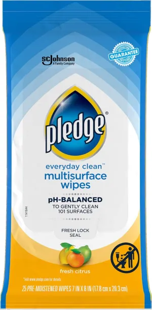 Pledge Multi-Surface Furniture Polish Wipes, Works on Wood, Granite, and Leather, Cleans and Protects, Fresh Citrus - Pack of 6 (150 Total Wipes)