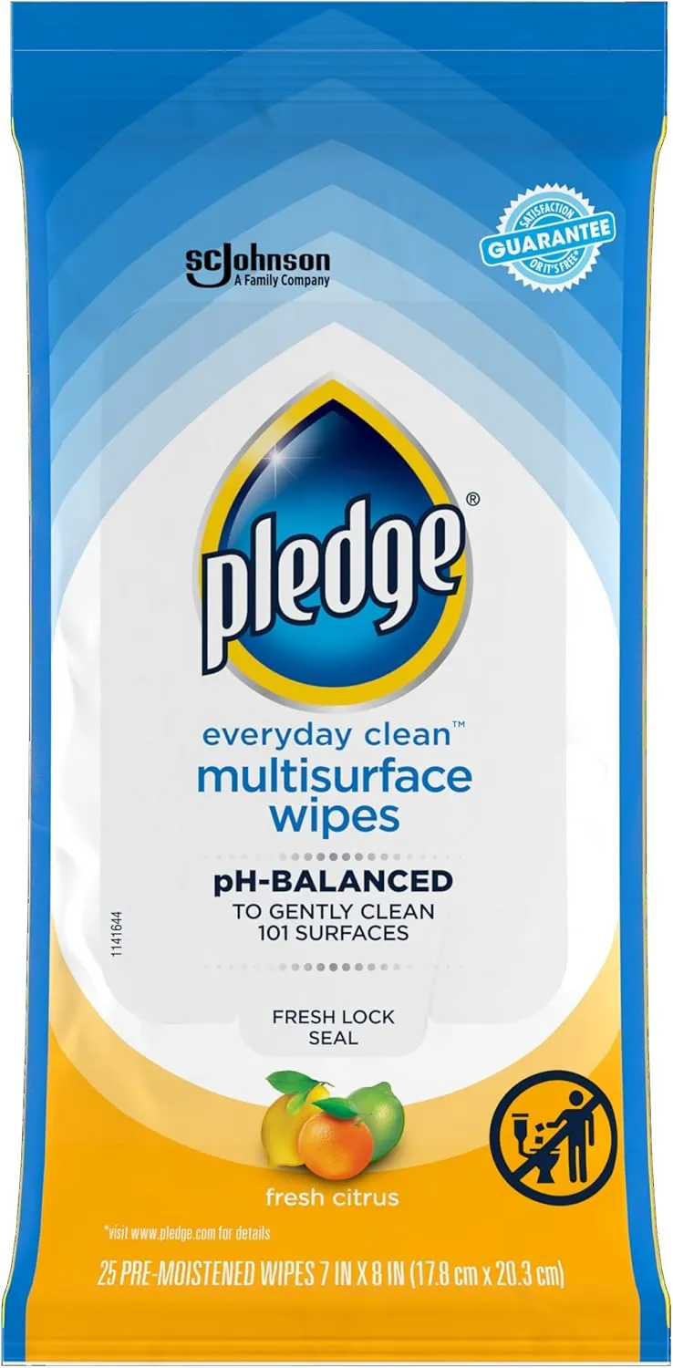 Pledge Multi-Surface Furniture Polish Wipes, Works on Wood, Granite, and Leather, Cleans and Protects, Fresh Citrus - Pack of 6 (150 Total Wipes)
