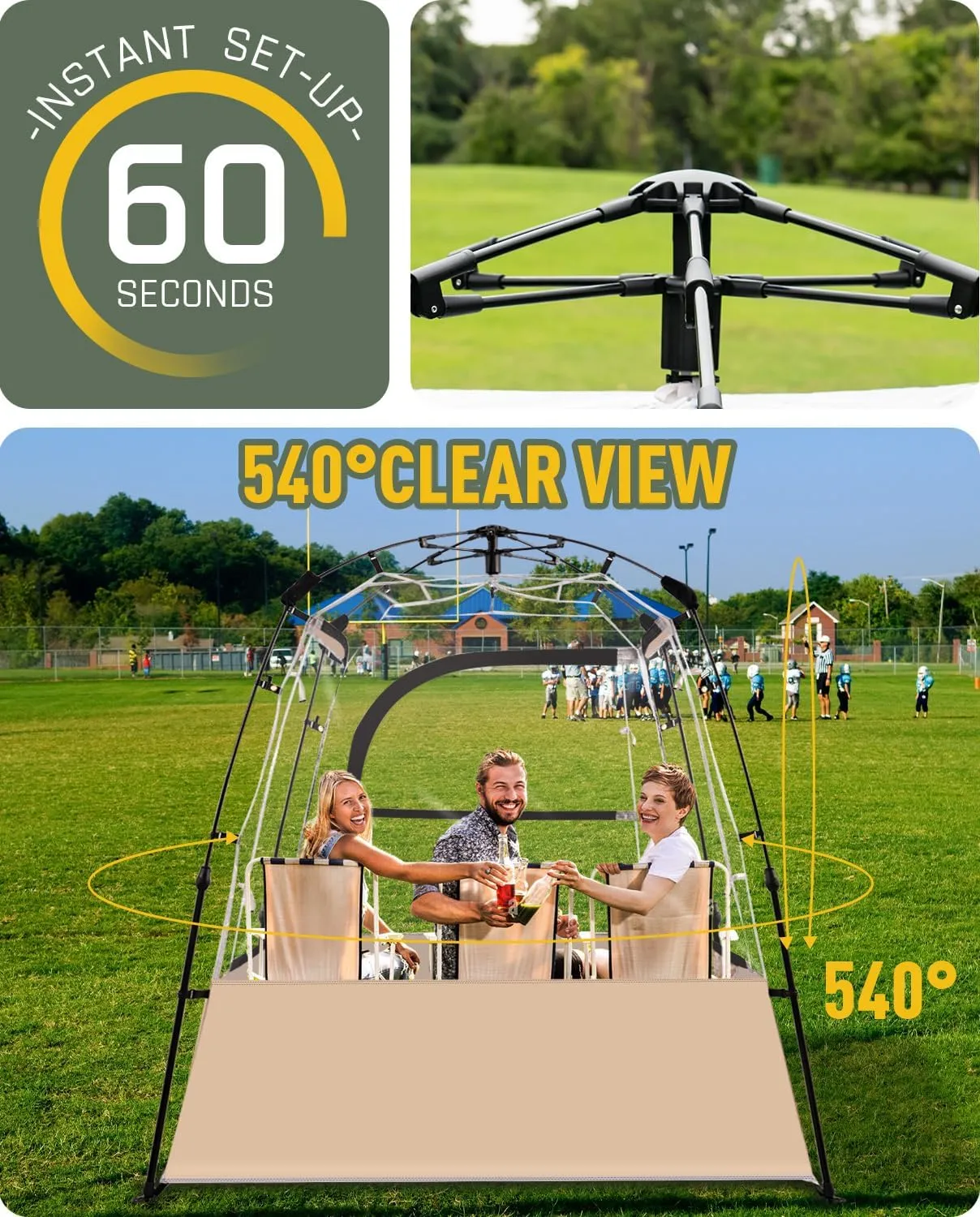 Pod All Weather Sports Tent, Outdoor Pop Up Bubble Clear 540° View Winter Tent for 1-2 Person, Instant Cold Weather Shelter with Rainfly for Soccer, Football, Softball & Other Sports Events