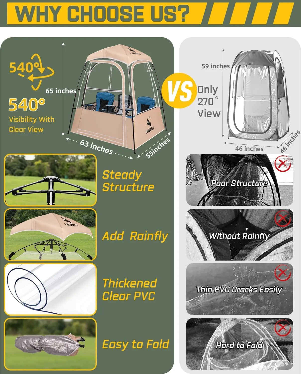 Pod All Weather Sports Tent, Outdoor Pop Up Bubble Clear 540° View Winter Tent for 1-2 Person, Instant Cold Weather Shelter with Rainfly for Soccer, Football, Softball & Other Sports Events