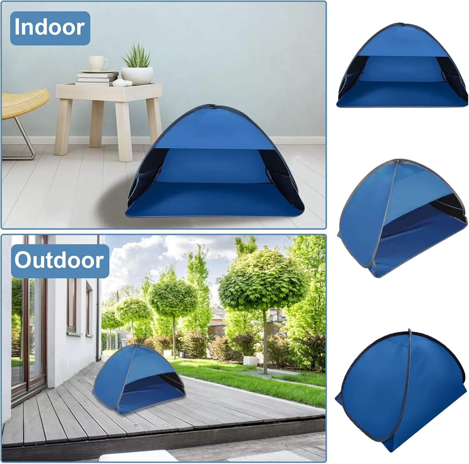 Pop Up Beach Sun Tent, 1 Pack Foldable Pop Up Tent Sun Shelter for Anti-UV Windproof Face Head Shade Protection, Black Glue Blue