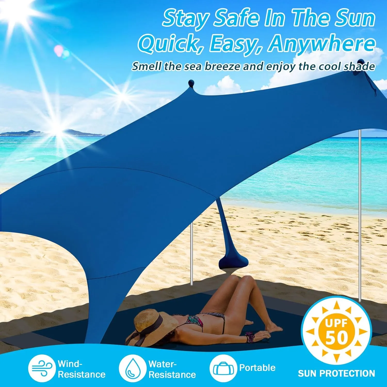 Pop Up Beach Tent Sun Shelter UPF50 , 7.9x7.9 FT Windproof Sun Shade with Beach Blanket, 2 Stability Poles, Carrying Bag, Sand Shovel, Outdoor Shade Canopy for Camping Trips,Fishing,Picnics,Backyard