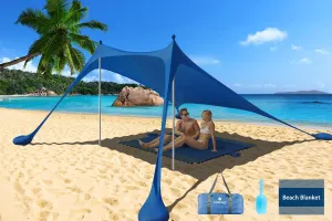 Pop Up Beach Tent Sun Shelter UPF50 , 7.9x7.9 FT Windproof Sun Shade with Beach Blanket, 2 Stability Poles, Carrying Bag, Sand Shovel, Outdoor Shade Canopy for Camping Trips,Fishing,Picnics,Backyard