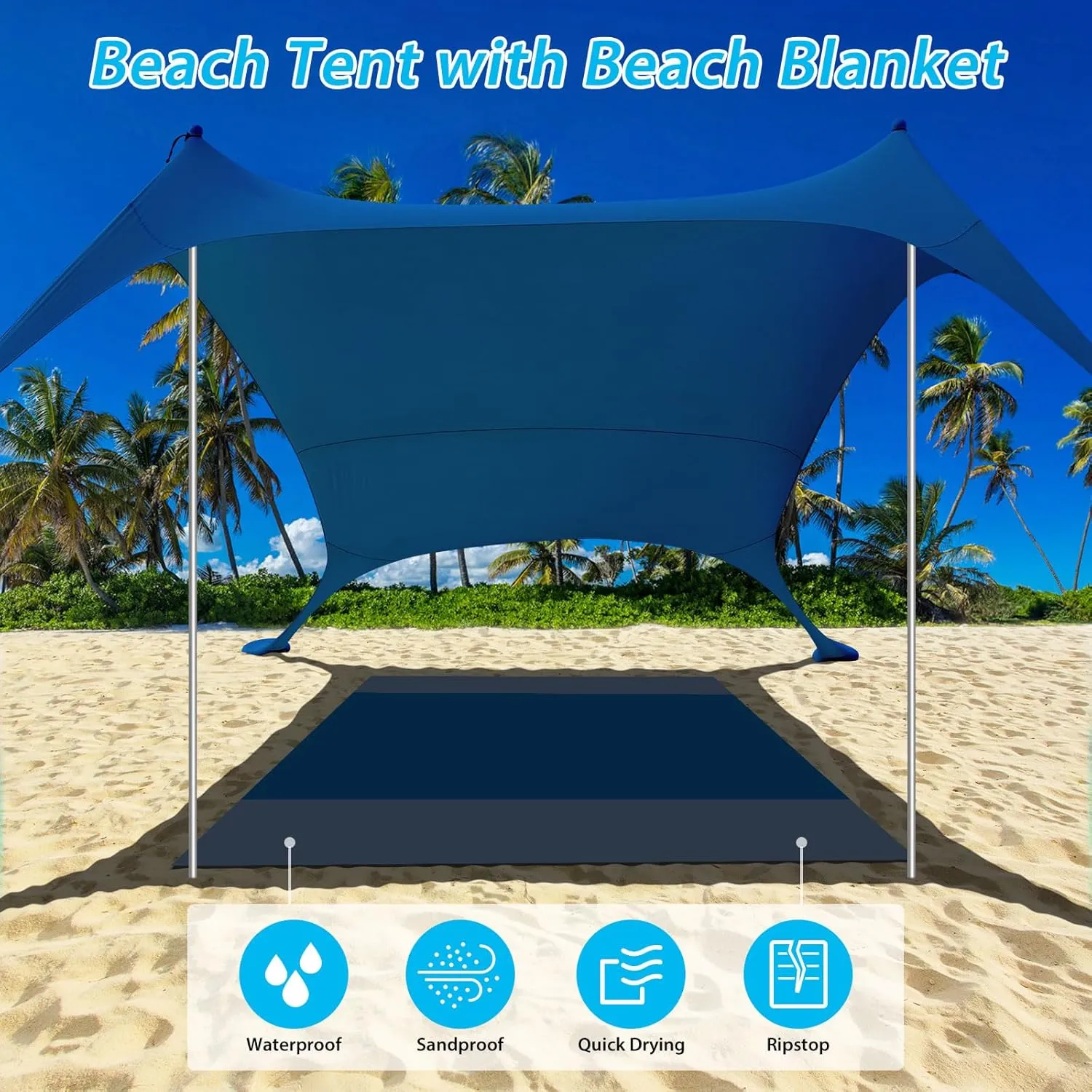 Pop Up Beach Tent Sun Shelter UPF50 , 7.9x7.9 FT Windproof Sun Shade with Beach Blanket, 2 Stability Poles, Carrying Bag, Sand Shovel, Outdoor Shade Canopy for Camping Trips,Fishing,Picnics,Backyard