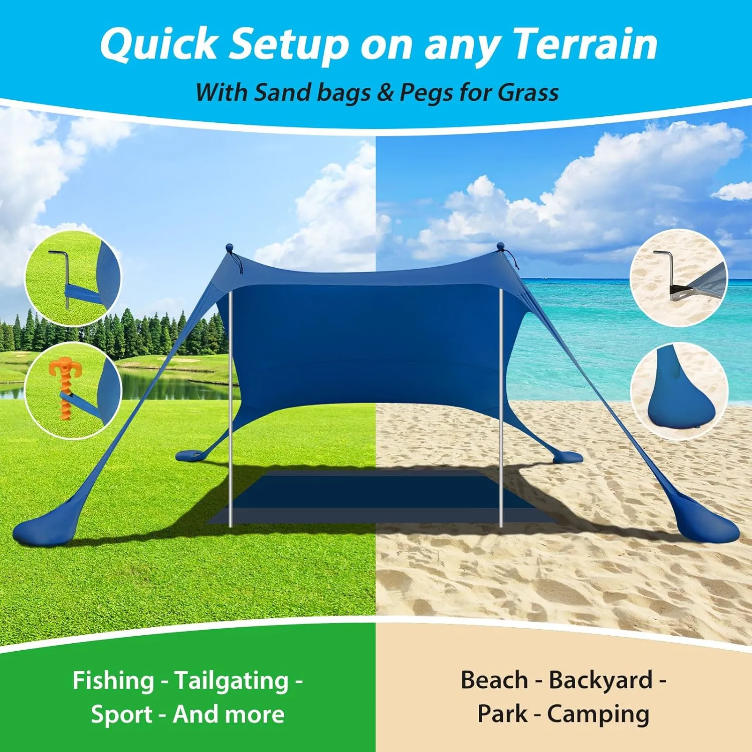 Pop Up Beach Tent Sun Shelter UPF50 , 7.9x7.9 FT Windproof Sun Shade with Beach Blanket, 2 Stability Poles, Carrying Bag, Sand Shovel, Outdoor Shade Canopy for Camping Trips,Fishing,Picnics,Backyard