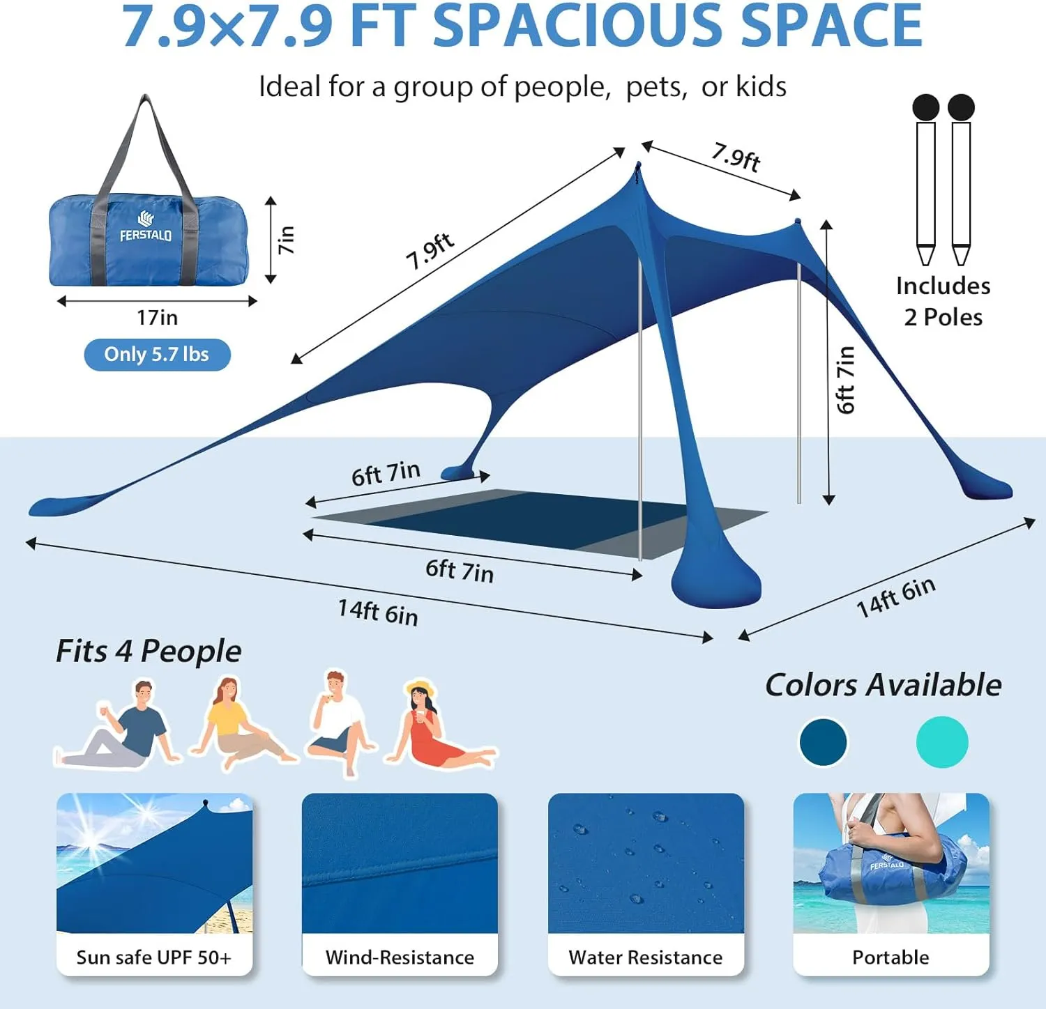 Pop Up Beach Tent Sun Shelter UPF50 , 7.9x7.9 FT Windproof Sun Shade with Beach Blanket, 2 Stability Poles, Carrying Bag, Sand Shovel, Outdoor Shade Canopy for Camping Trips,Fishing,Picnics,Backyard
