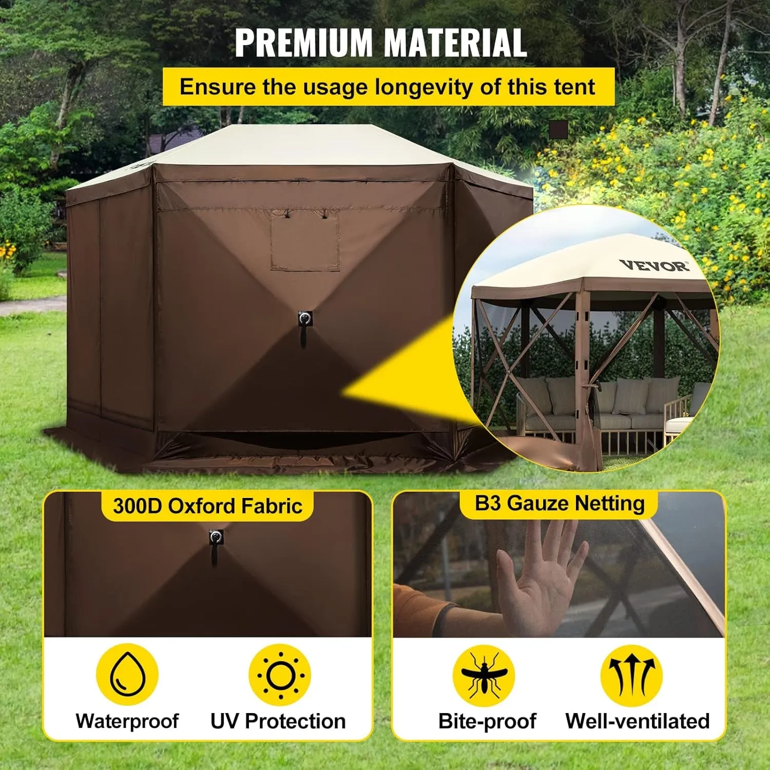 Pop up Gazebo Screen Tent 12 X 12 Ft, 6-Sided Camping Gazebo Instant