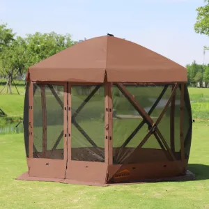 Pop Up Screen Tent, 12'x12' Windproof & UV Protection Sun Shelter, Portable Instant Setup, 6-Sided Screen Tent for Picnic, Camping, Backyard, Outdoor (Brown)