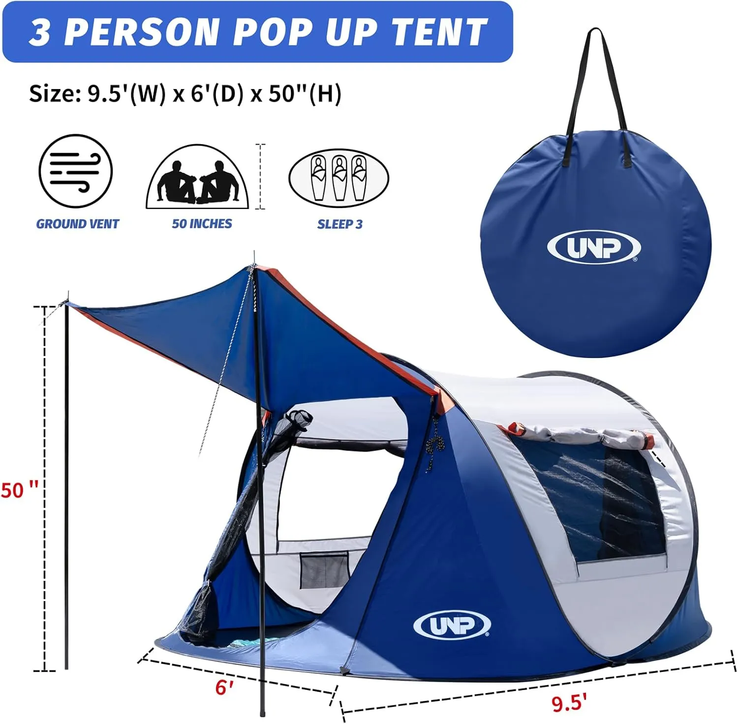 Pop-up Tent, 3 Person Camping Tent, Instant Portable Beach Tent, Easy Pop Up Shade Tents 2 Doors for Camping Hiking & Traveling with Carrying Bag