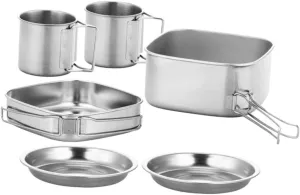 POPETPOP Camping Cooking Kit 4-Piece Set Portable Pot Pan Plate Cup Outdoor Supplies for Hiking