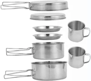 POPETPOP Stainless Steel Camping Cookware Set Lightweight Pan for Outdoor Mountaineering Fishing BBQ