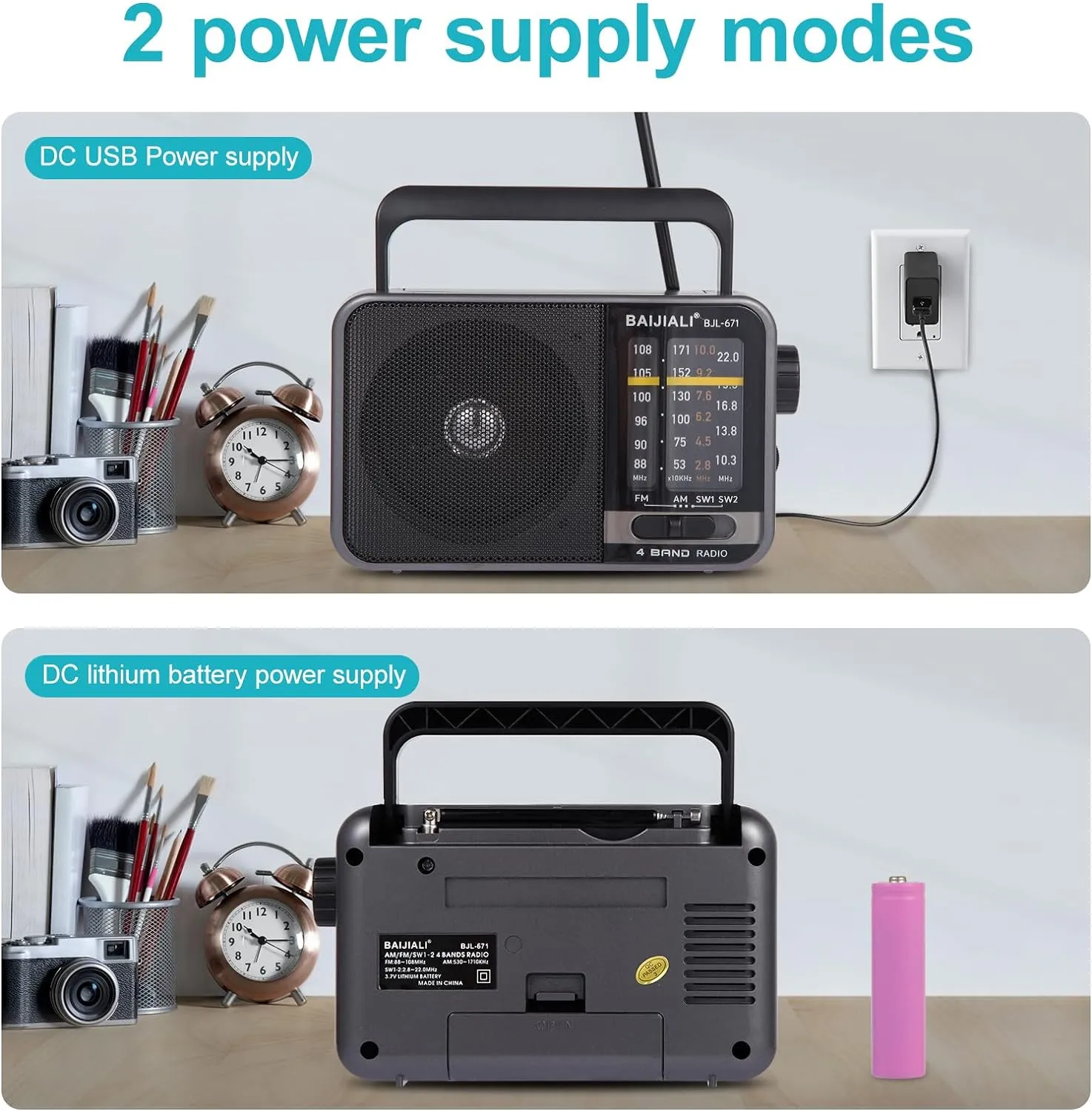 Portable AM/FM Transistor Radio with Loud Speaker, Battery or USB Powered - Compact Emergency Radio for Indoor, Outdoor, Travel & Storms (Model BJL-671)